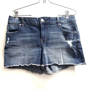 Maurices Dark Wash Raw Hem Distressed Shorts, Size 8
